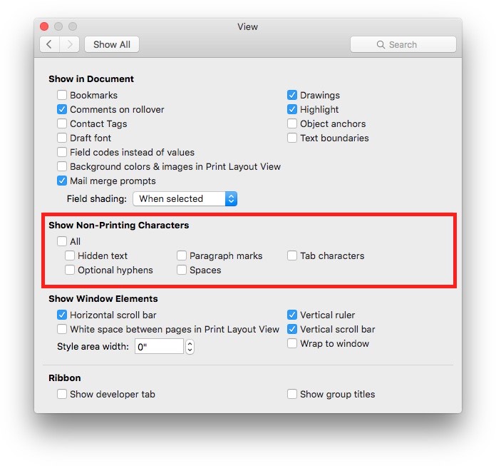 word for mac hide formatting marks